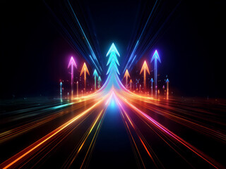 Obraz premium Vibrant, glowing arrows ascend a radiant highway of light streaks in the dark, symbolizing growth and progress.