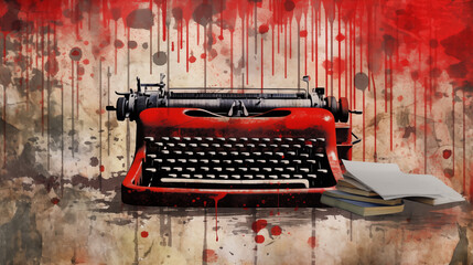 Artistic depiction of a vintage typewriter splattered with red paint against a textured background