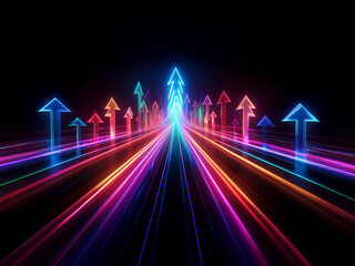 A vibrant, multicolored neon arrow path stretches to a vanishing point, symbolizing growth and progress.  The glowing lines create a dynamic, futuristic feel.