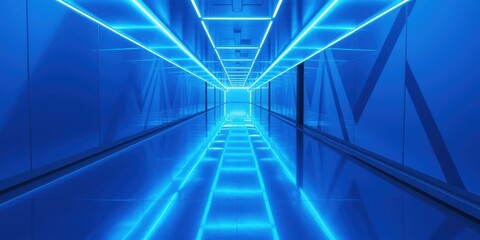 Futuristic Blue Corridor with Neon Lights Illuminating a Sleek, Modern Interior Design