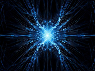Intricate, glowing blue fractal design.  Symmetrical pattern emanates from a bright central point, resembling energy or light radiating outwards into a dark background.