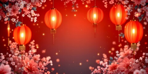 Festive Chinese New Year Background with Lanterns and Flowers