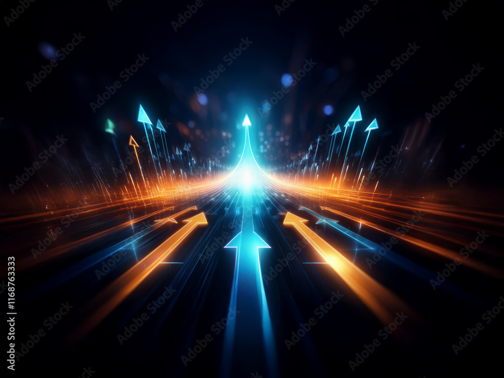 Fototapete Glowing arrows converge on a central point, symbolizing growth, progress, and a path to success within a futuristic, dynamic setting.  The vibrant streaks of light suggest rapid advancement and opport