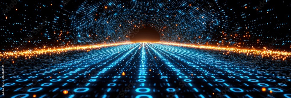Poster futuristic digital highway with binary code and glowing particles.