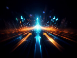 Glowing arrows converge on a central point, symbolizing growth, progress, and a path to success within a futuristic, dynamic setting.  The vibrant streaks of light suggest rapid advancement and opport