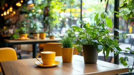 Empty Coffee Cup on Table in Cozy Cafe with Green Plants, Large Windows, and Natural Light