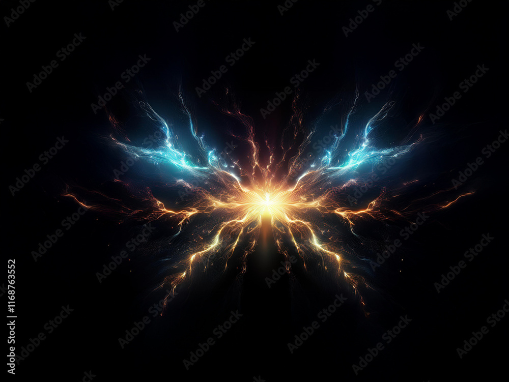 Poster a vibrant, symmetrical energy burst resembling a butterfly's wings. glowing plasma streams in shades