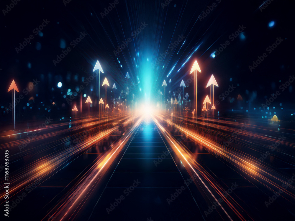 Poster glowing arrows ascend a futuristic highway of light streaks, symbolizing growth and progress in a di