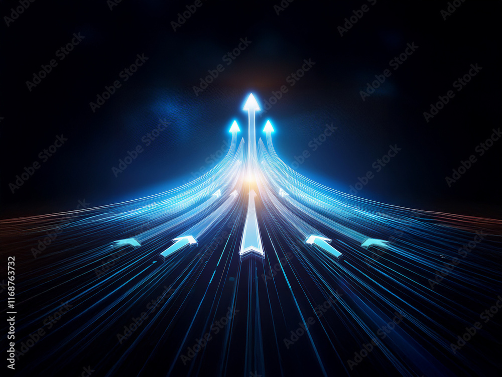Poster glowing blue arrows converge upward on a dark background, symbolizing growth, progress, and upward m