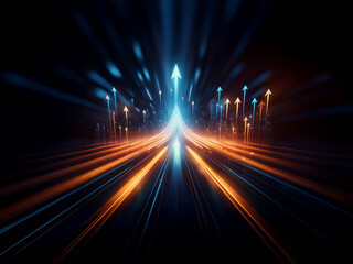 Glowing arrows ascend a radiant highway, symbolizing progress and upward mobility.  Dynamic light trails and a futuristic aesthetic evoke speed and advancement.