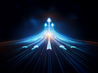 Glowing blue arrows converge upward on a dark background, symbolizing growth, progress, and upward mobility.  The converging lines create a sense of momentum and achievement.