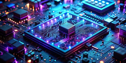 Fototapeta premium Futuristic AI Circuit Board Glowing at Night