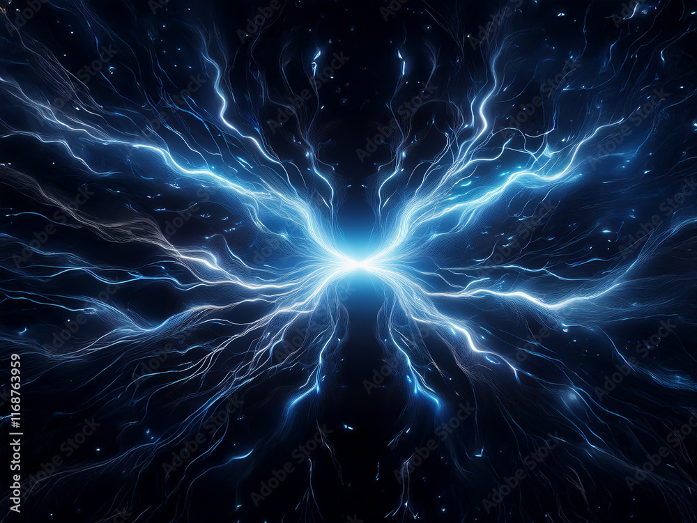 Poster A mesmerizing display of vibrant blue energy, resembling a radiant butterfly or fractal pattern, explodes from a central point against a dark background.  The intricate, glowing tendrils create a capt