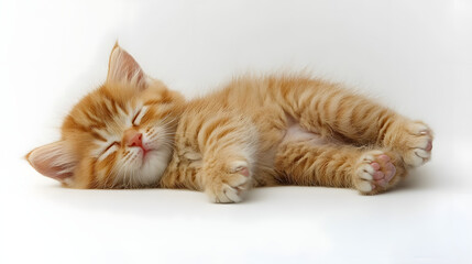 A cute orange and white kitten is laying on a white blanket. The kitten has its eyes closed and is looking at the camera