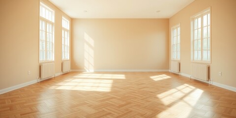 Fototapeta premium Sunlit Empty Room with Hardwood Floor and Tall Windows