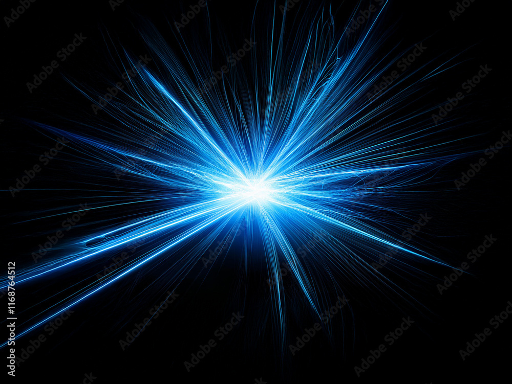 Poster A vibrant blue energy burst explodes from a central point, radiating outward in a dazzling display of light and motion against a stark black background.  The image evokes feelings of power and dynamis
