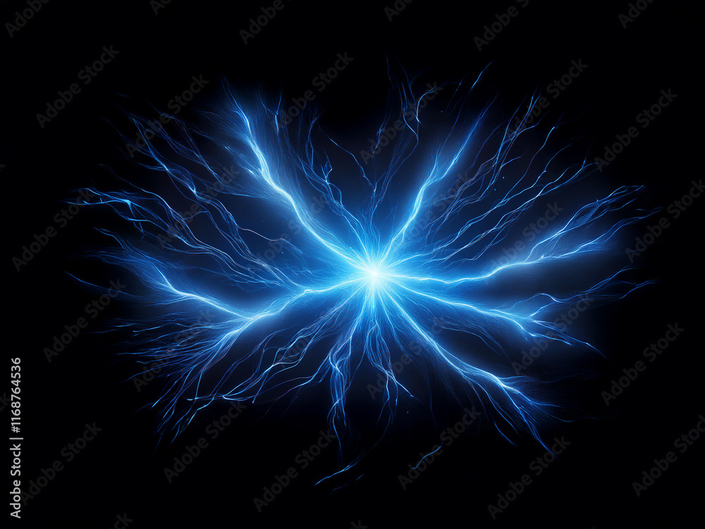 Poster a vibrant, blue energy burst explodes from a central point against a black background, resembling an