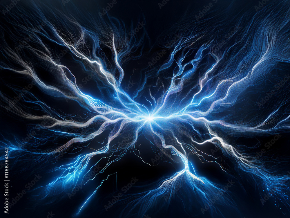Poster intricate blue and white energy streams radiate from a central point, resembling a celestial burst o