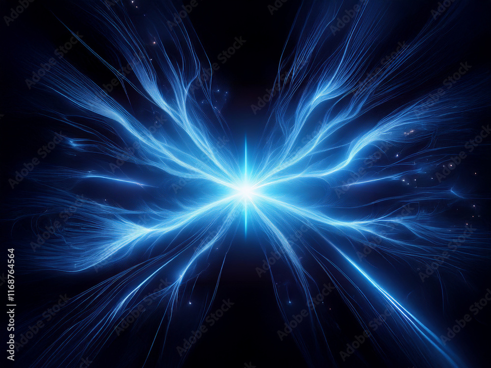 Poster a celestial burst of luminous blue energy, radiating outwards like ethereal wings against a dark bac