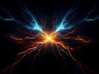 A vibrant, symmetrical explosion of energy, resembling a butterfly's wings, radiates from a central, bright core.  Intense, flowing streams of blue and orange light contrast against a dark background.
