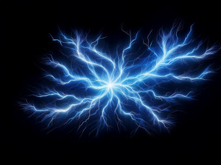 Intricate blue electrical energy bursts from a central point, radiating outwards in a striking, fractal pattern against a black background.  The glow evokes power and mystery.