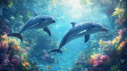 Fototapeta premium Two dolphins swimming together in a colorful coral reef under sunlit ocean waters