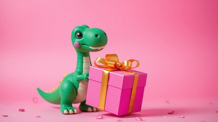 Naklejka premium Adorable Green Dinosaur Figurine Holding a Pink Gift Box with Golden Ribbon on Pink Background