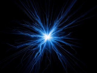 Obraz premium A vibrant blue energy burst explodes from a central point, radiating outwards against a stark black background. The glowing lines resemble electric currents or cosmic rays.