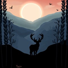 Fototapeta premium Deer silhouette landscape 