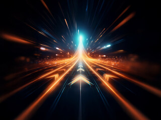A vibrant, dynamic perspective down a glowing highway into a bright, distant light.  Arrows mark the path through streaks of light and energy, suggesting forward motion and progress.