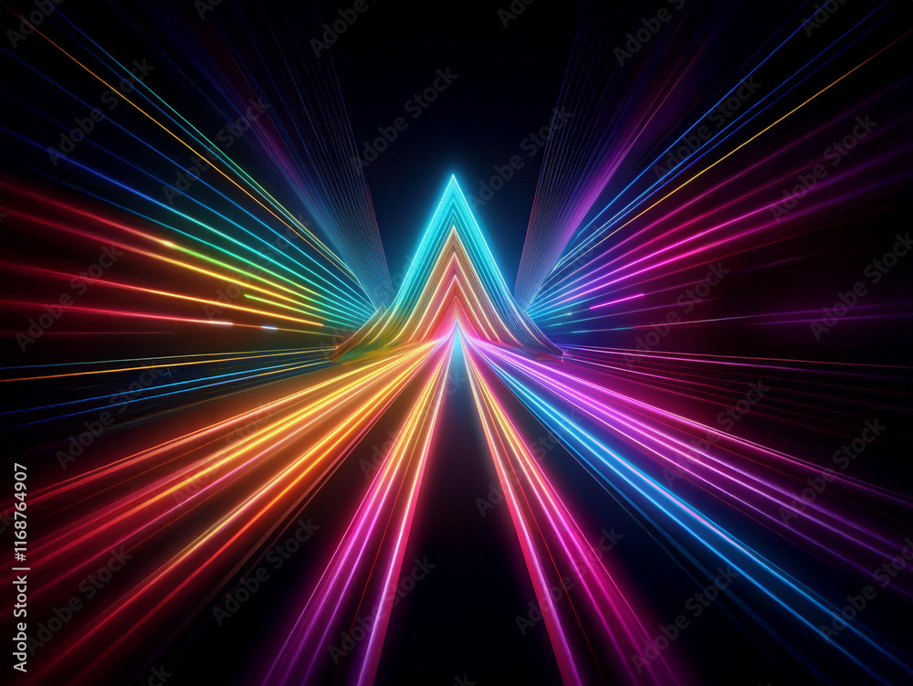 Aufkleber Vibrant rainbow neon lines converge into a radiant arrow shape against a stark black background, creating a dynamic and futuristic visual effect.  The image evokes feelings of speed and energy.