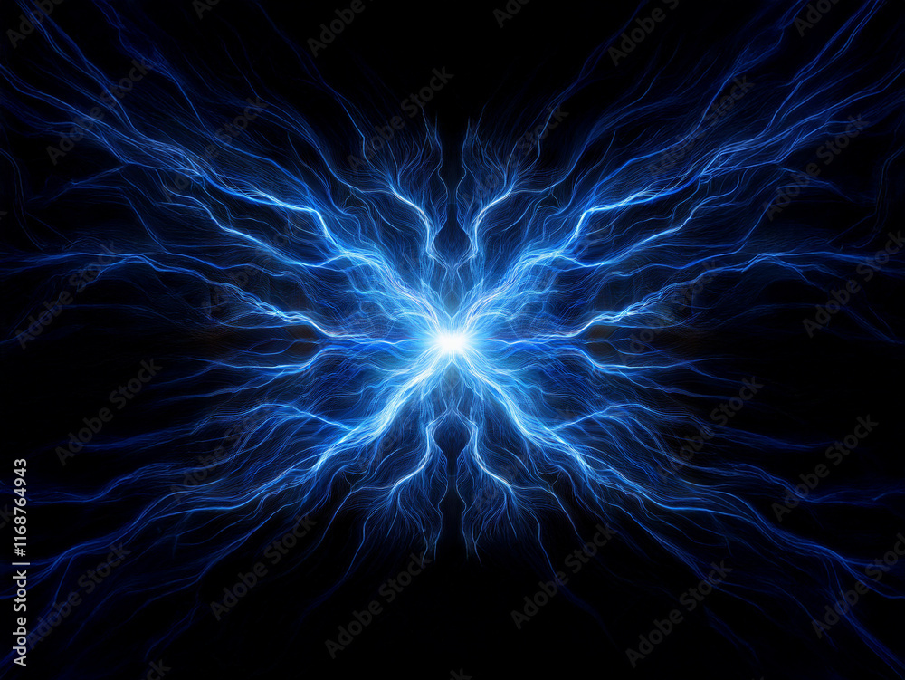 Poster intricate blue energy flows, resembling a luminous butterfly, radiate outwards from a central point 