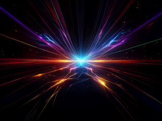 Naklejka premium Abstract digital art depicting vibrant, multicolored light streaks converging at a central point, resembling a cosmic explosion or energy burst against a dark backdrop. The artwork evokes feelings of