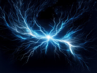 Obraz premium A mesmerizing burst of blue electric energy explodes against a dark background, resembling a celestial event or powerful energy discharge. The intricate branching patterns and glowing light create a 