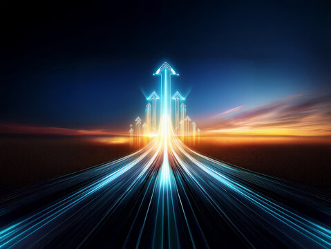 A glowing road stretches to the horizon, converging upward into multiple luminous arrows against a vibrant sunset sky.  It symbolizes progress, growth, and ambition.