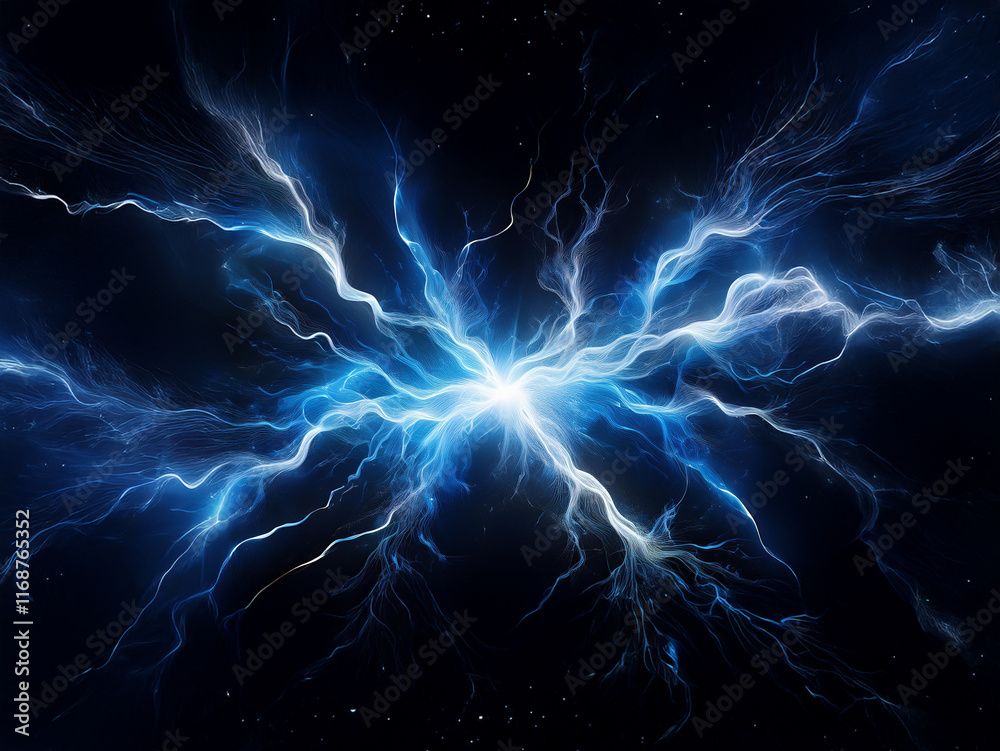Poster abstract image depicting a celestial electrical discharge. intense blue and white energy bursts radi
