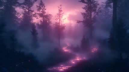 Naklejka premium A highly detailed photography of a twilight forest scene, where the trees are illuminated by a magical, purple-hued sky, creating a surreal and dreamlike environment.
