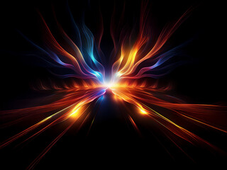 Obraz premium Abstract digital art featuring vibrant, flowing lines of blue, orange, and red light emanating from a central point against a black background. The artwork evokes feelings of energy and movement.