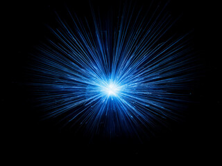 A vibrant, blue energy burst explodes from a central point, radiating outward against a pitch-black background.  The light streaks create a dynamic, star-like effect.