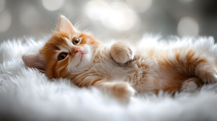 A cute orange and white kitten is laying on a white blanket. The kitten has its eyes closed and is looking at the camera