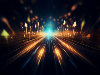 A glowing highway stretches into a bright horizon, lined with upward-pointing arrows, symbolizing growth and progress.  Speed, light trails, and a futuristic feel are prominent.