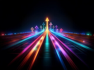 Glowing arrows converge on a central upward path, symbolizing growth, progress, and multiple avenues to success.  The vibrant, multicolored light trails evoke a sense of speed and momentum.