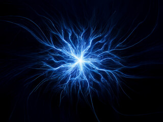 Abstract image depicting a vibrant blue energy burst, radiating outward in intricate, glowing tendrils against a deep black background.  The effect is dynamic and ethereal.