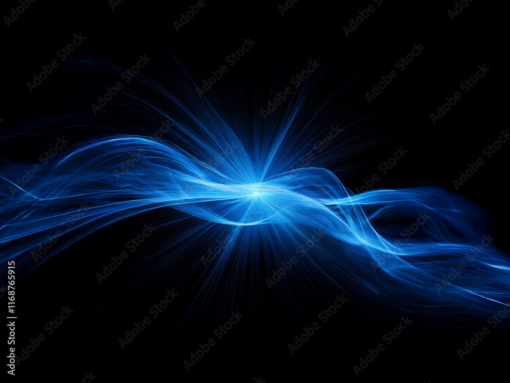 Poster intense blue energy flows, swirling and radiating from a central point against a pitch-black backgro