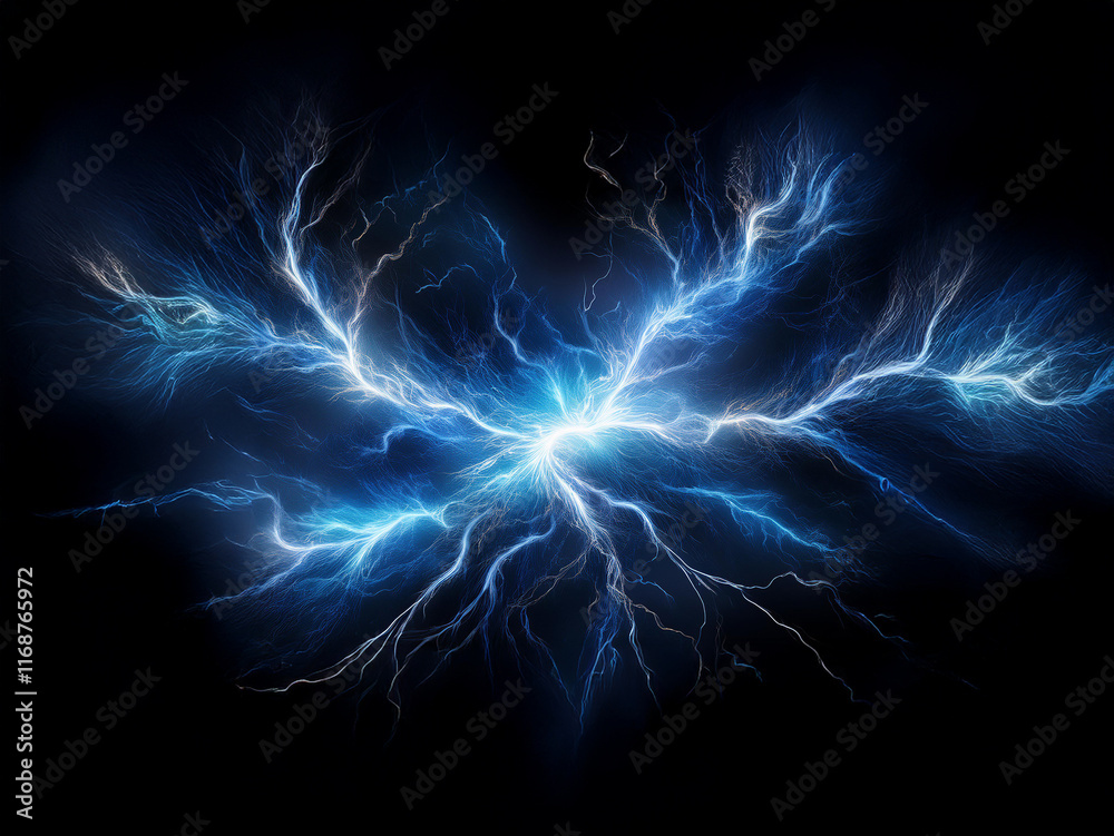 Aufkleber A mesmerizing display of blue electric energy bursts forth from a central point, branching into intricate, glowing tendrils against a pitch-black background.  The image evokes power and raw energy.