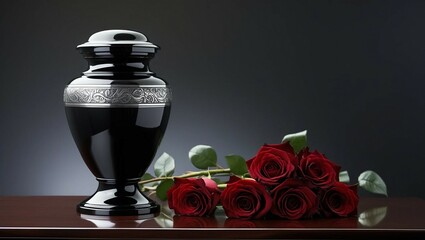 Black funeral urn with red roses on wooden table against gray background