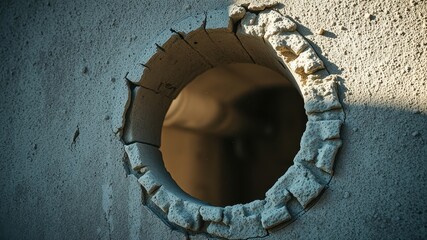Circular Hole in a Textured Wall A Close-Up View of Rough Edges and a Dark Interior