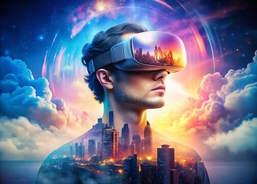 Futuristic Virtual Reality Double Exposure: Exploring Limitless Worlds