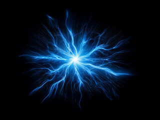 Fototapeta premium A vibrant blue energy burst explodes from a central point, radiating outward in intricate, glowing tendrils against a stark black background. The image evokes feelings of power and dynamism.