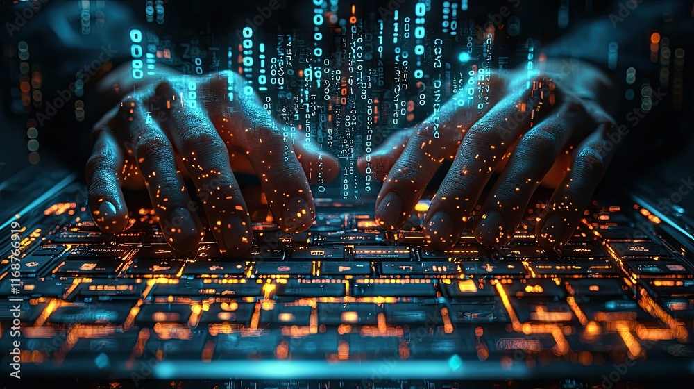 Poster hands typing on glowing keyboard with digital code.